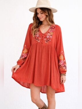 Boho Embroidered Babydoll Dress XL Coral Floral Peasant Cottagecore Hippie